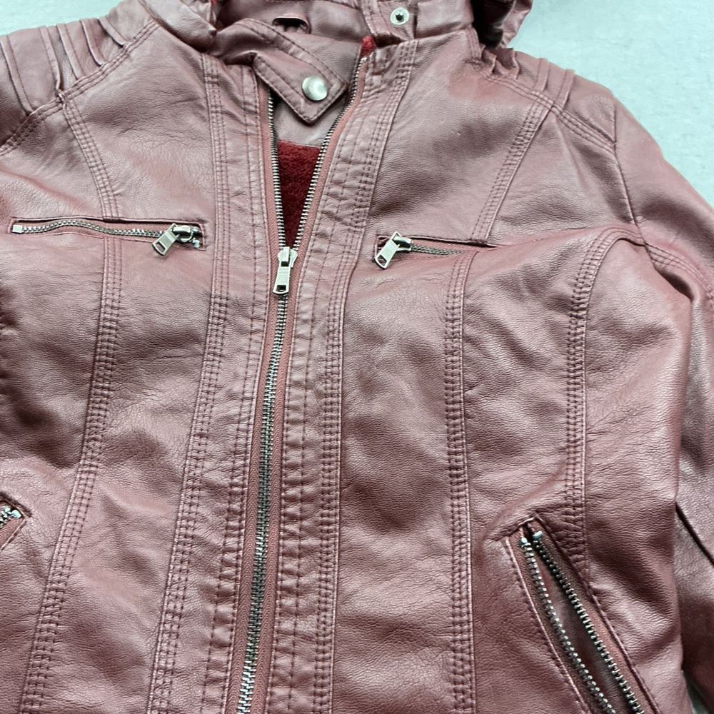 Burgundy Faux Leather Hooded Moto Jacket Faux Fur Lined Pockets Med Streetwear - Picture 2 of 16